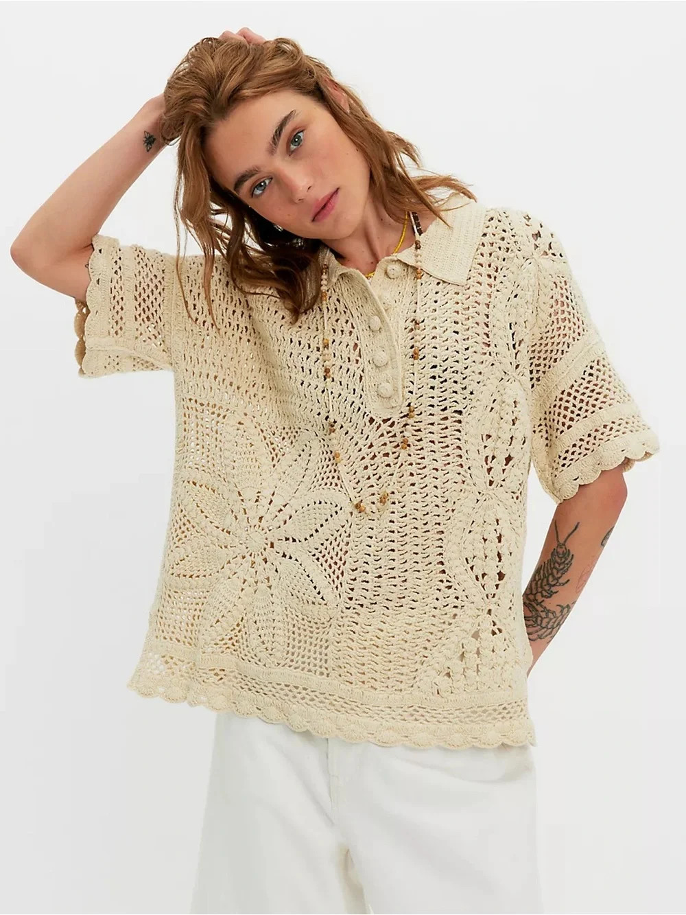 NWT Free People Dahlia Crochet Polo Shirt